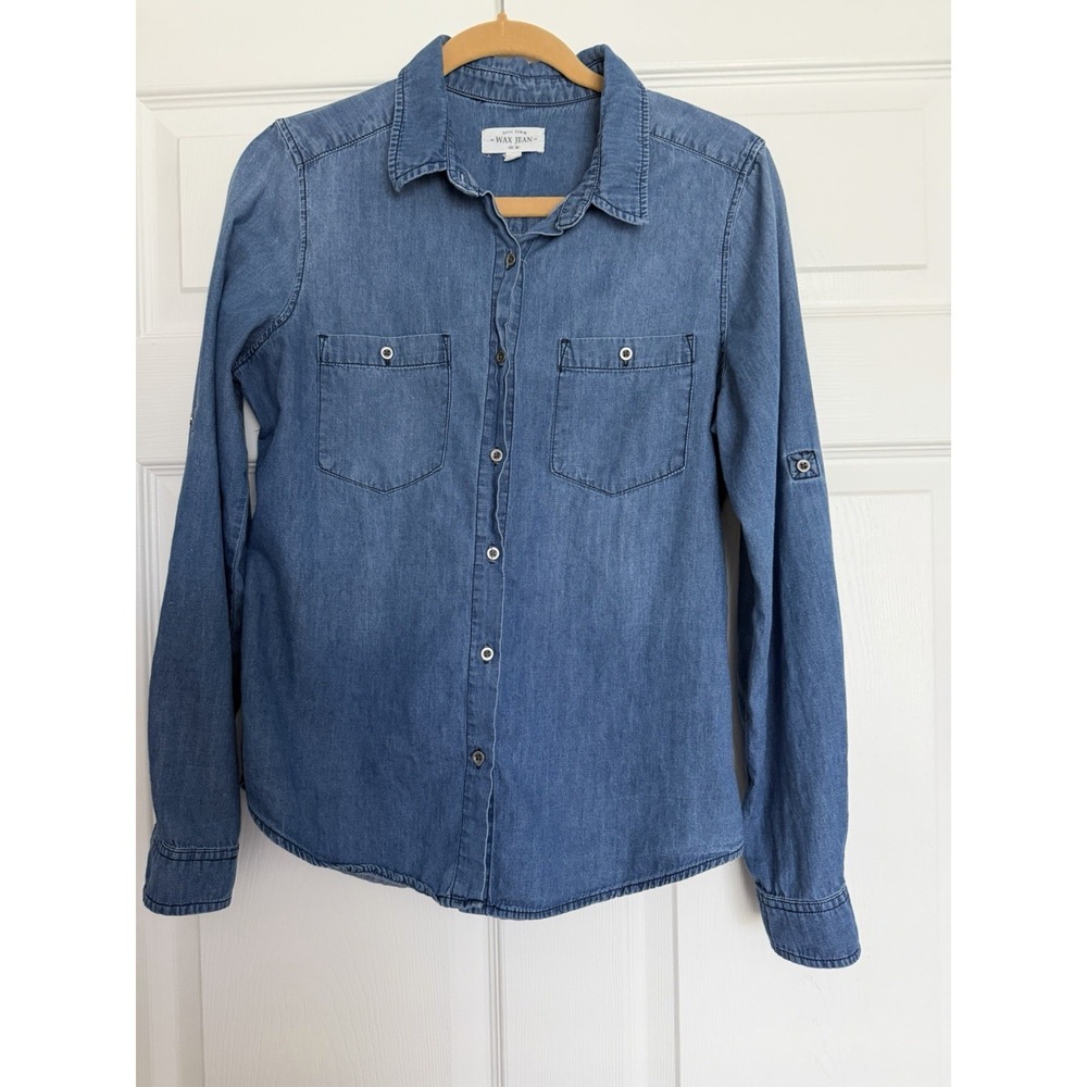 Wax Jean Blue Denim Chambray‎ Button Down Shirt Roll Tab Sleeve Large